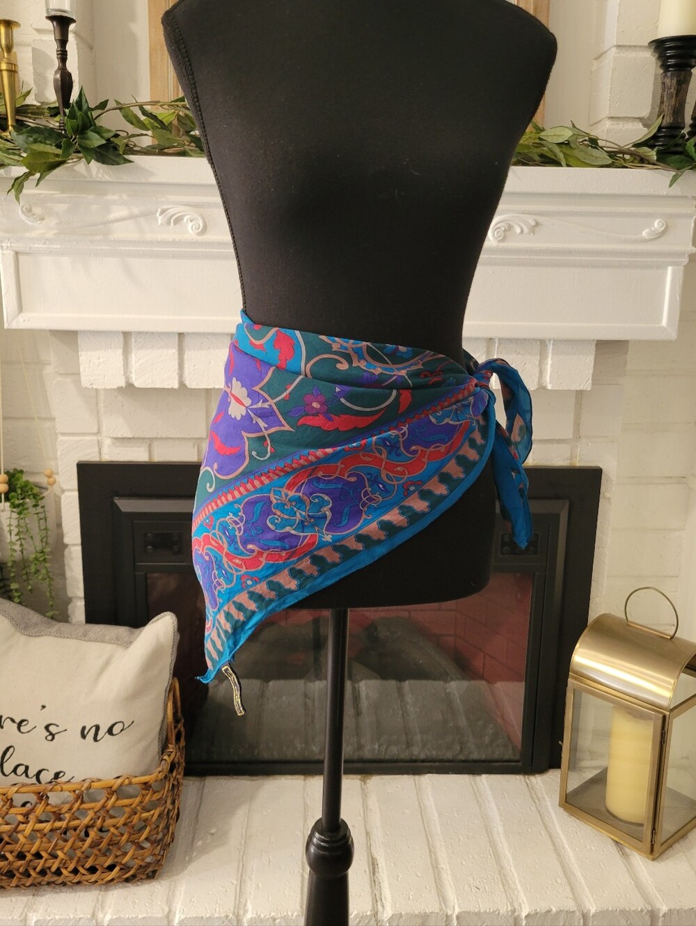 Oscar de la Renta Blue Paisley Silk Scarf with Pink & Purple Accents 29 X 29